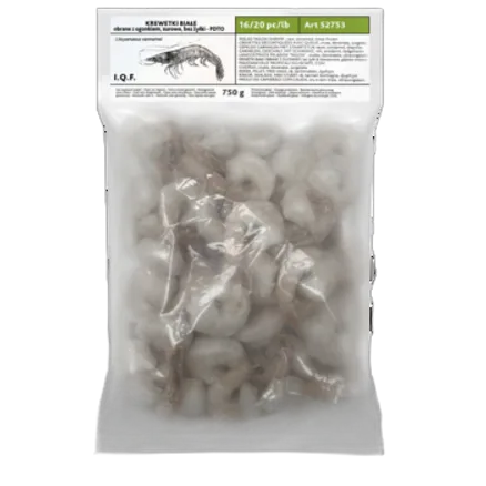 Krewetki Vannamei surowe obrane z ogonem mrożone IQF (kaliber 16-20) 1 kg (750 g bez glazury)