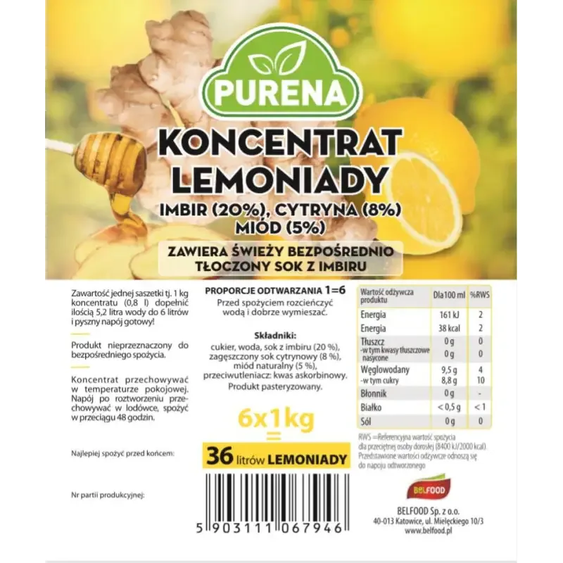 Koncentrat lemoniady imbir cytryna miód 6 kg
