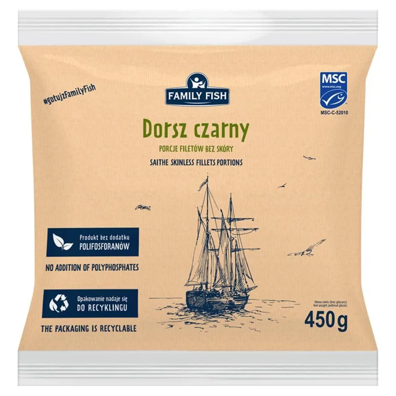 Dorsz czarny porcje filetów bez skóry MSC 450 g