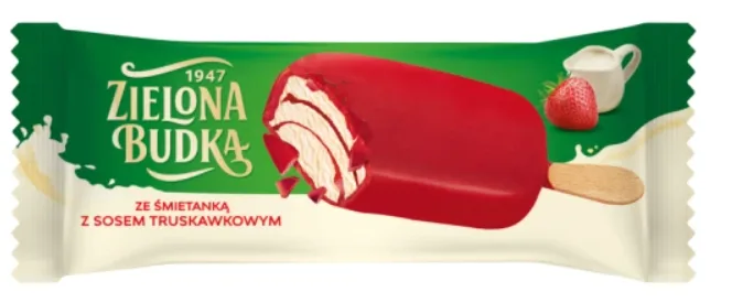 Lody ze śmietanką z sosem truskawkowym w polewie o smaku truskawkowym 90 ml (57 g)